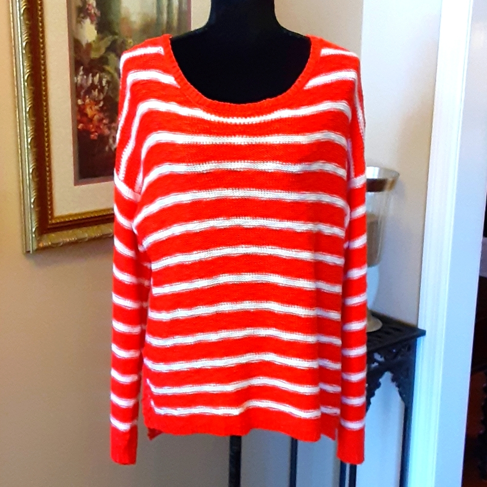 New Directions coral white stripe long sleeve pullover sweater Lace sz XL New …